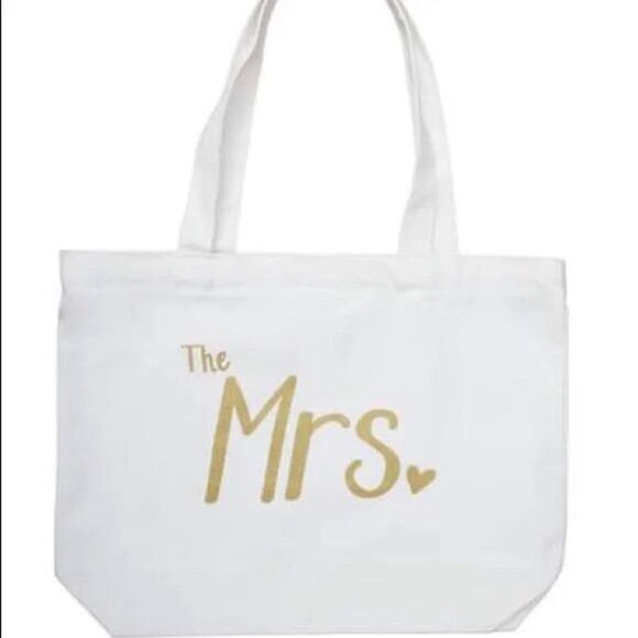 “THE MRS” 100% COTTON ZIPPERED TOTE BAG 16 x 16 WHITE GOLD NWOT - Picture 1 of 4